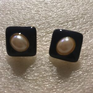 Elegant Black enamel and Gold Pearl Earrings